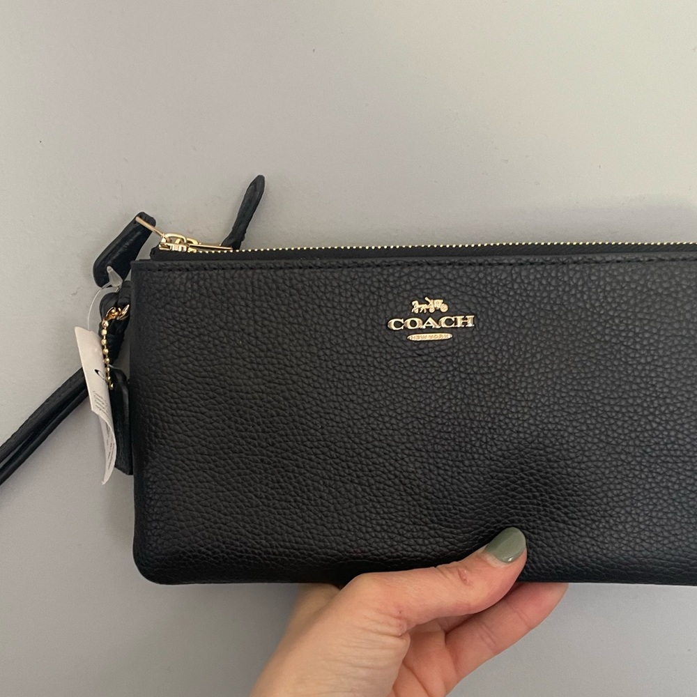 Black leather Coach Double Corner Zip Wallet